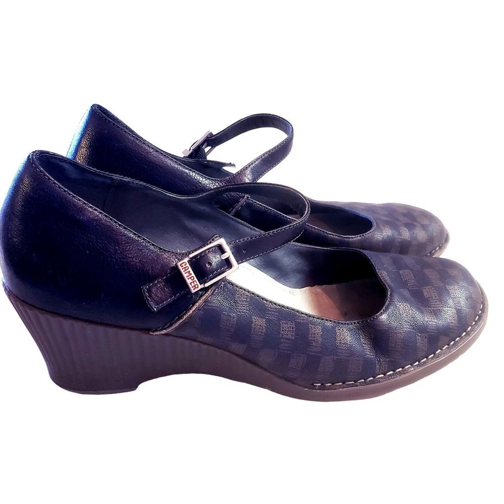 Camper Mary Jane heels size 40 wedge navy/brown checkered print, leather.